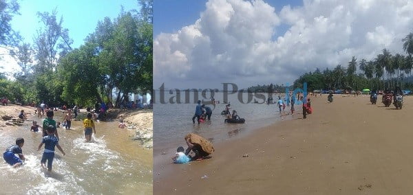 JADI ANDALAN: Wisatawan memadati pantai Jepu-Jepu di Kecamatan Kaliorang. Terlihat sejumlah anak sedang mandi di sunga, lokasinya tak jauh dari pantai.(DEDHY/SANGATTA POST )