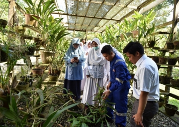 Siswa-siswi SMA IT Yabis bersama Guru Biologi sedang melihat langsung budidaya tanaman anggrek yang ada di Nursery Badak LNG. (Corporate Communication Badak LNG)