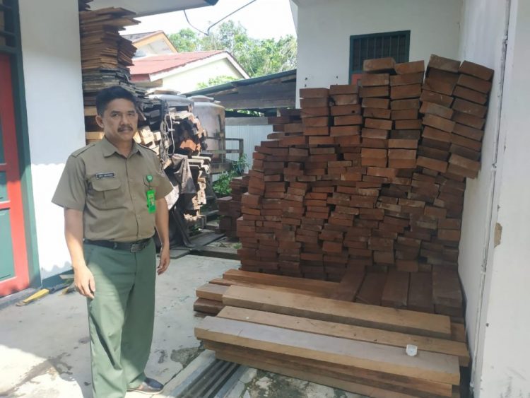 Arif Suyono memperlihatkan hasil tangkapan illegal logging yang berhasil diamankan Polhut selama 2019. (Zaenul/Bontangpost.id)