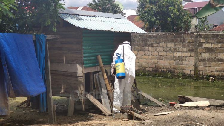 Petugas DKP3 melakukan penyemprotan disinfektan di kandang warga.