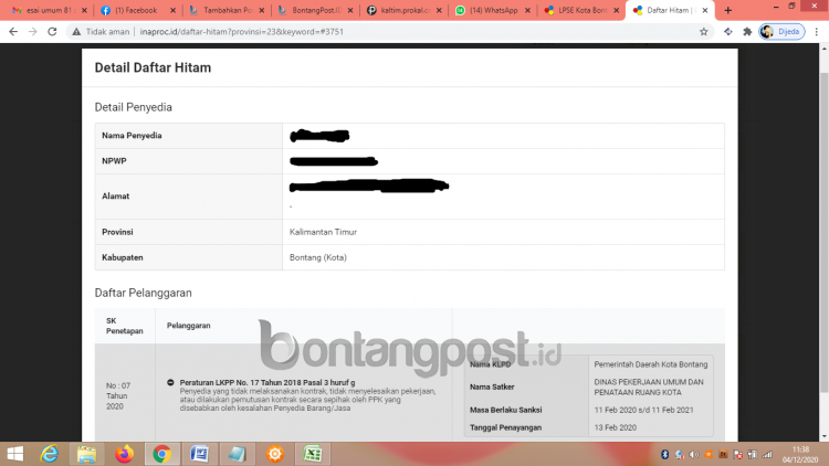 Tangkapan layar terkait masuknya CV AJ dalam daftar perusahaan yang di-blacklist.,