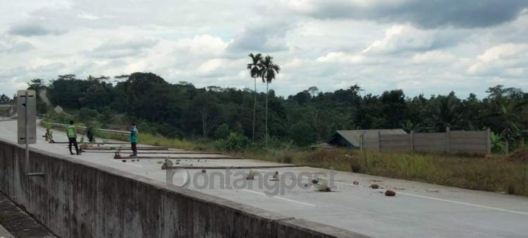 Sebagian badan jalan di Kilometer 6, Tol Balsam, ditutup warga dengan membentangkan kayu sebagai simbol protes berlarutnya pembayaran lahan, (20/1). PT JBS UNTUK KALTIM POST