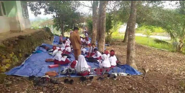 Murid SD 008, Kecamatan Batu Engau, Paser, terpaksa belajar di ruang terbuka karena keterbatasan kelas.