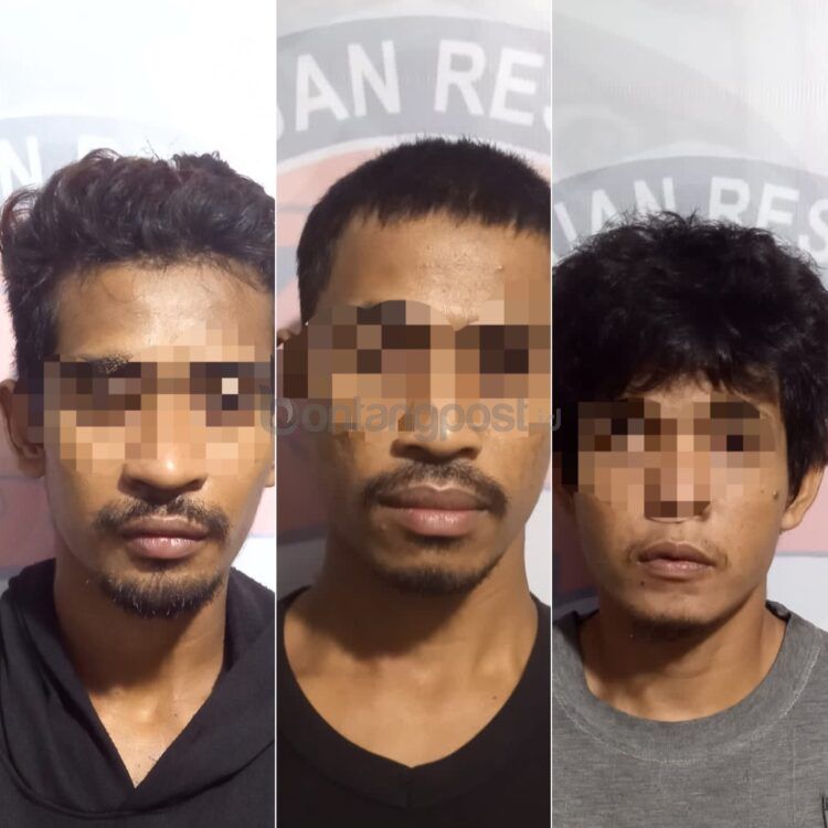 AAR (kiri), JY (tengah), dan Ha (kanan) kini tengah ditahan di Mapolres Bontang