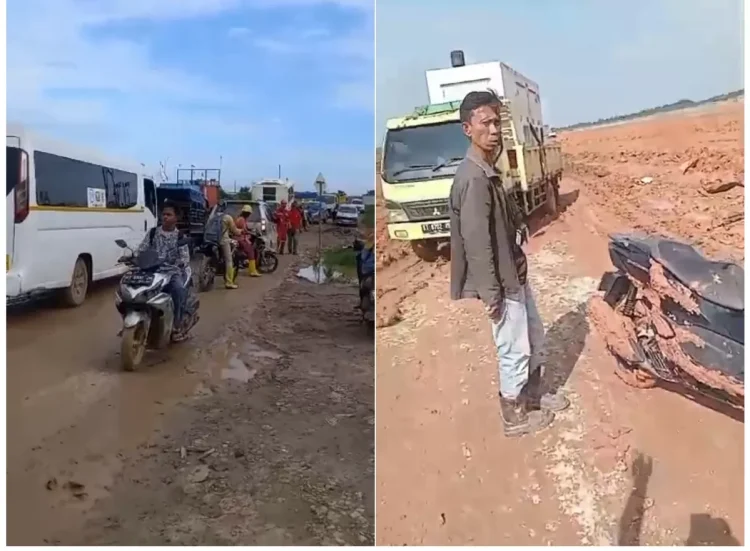 Warga tiga Kelurahan Gersik, Pantailango, Riko, Kecamatan Penajam, PPU memanfaatkan jalan sepanjang tepi pagar runway yang kondisinya berlumpur, licin dan rusak. (FOTO: IST)