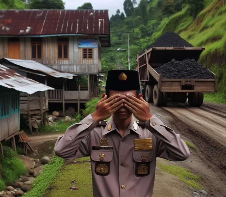 Ilustrasi aparat pemerintah tutup mata terhadap aktivitas hauling batu bara.