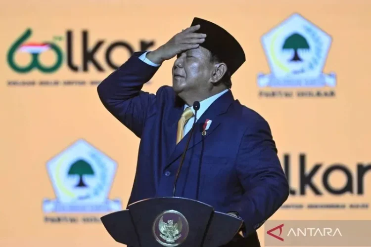 Presiden Prabowo Subianto saat sambutan di HUT Ke-60 Partai Golkar di Sentul International Convention Center (SICC), Bogor, Kamis 12 Desember 2024. (ANTARA)