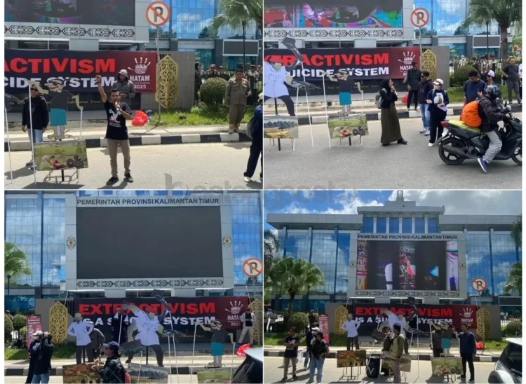 JATAM Kaltim dan pegiat lingkungan menggelar aksi memperingati hari anti tambang di depan Kantor Gubernur Kaltim, Rabu (28/5/2025) Siang. (Dokumentasi Jatam Kaltim)