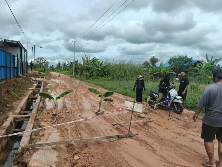 Aksi warga Singa Geweh menutup Jalan Pertanian dengan pohon pisang, buntut kekecewaan terhadap lambannya perbaikan, Sabtu (6/12). (JUFRIADI/KALTIM POST)