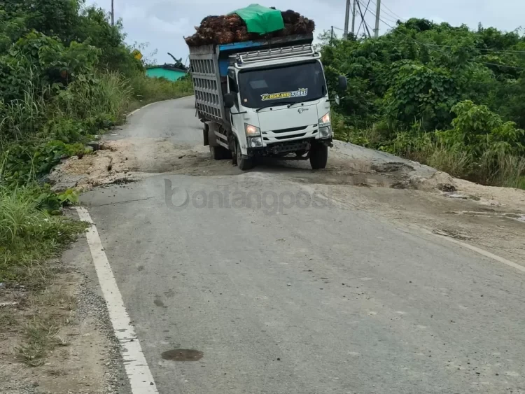 Kondisi salah satu titik jalan menuju Sangkulirang yang hampir putus akibat longsoran, membuat kendaraan harus melintas bergantian.