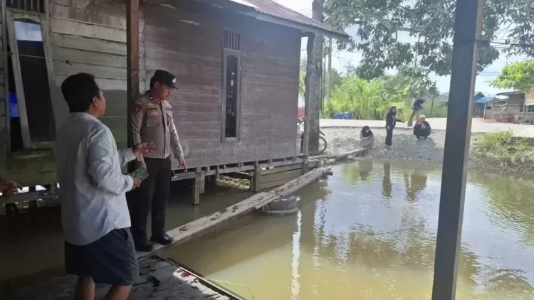 Halaman rumah warga di Desa Sepaso Barat, Bengalon, Kutai Timur, yang tergenang banjir, lokasi di mana seorang anak dan lansia diserang buaya. (IST.