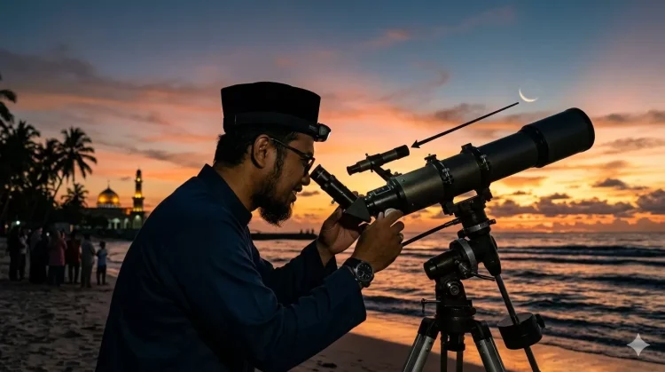 Ilustrasi pemantauan hilal sebagai rangkaian Sidang Isbat Idul Fitri 1447 H. (Generator AI)