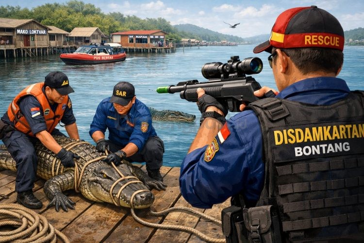 Foto: Ilustrasi penanganan buaya oleh petugas.