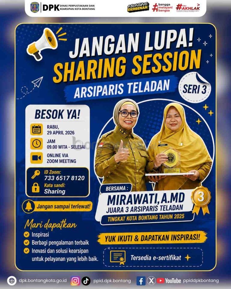 Kepala DPK Bontang, Retno Febriaryanti, mengajak ASN mengikuti Sharing Session Arsiparis Teladan sebagai upaya peningkatan kapasitas di bidang kearsipan.