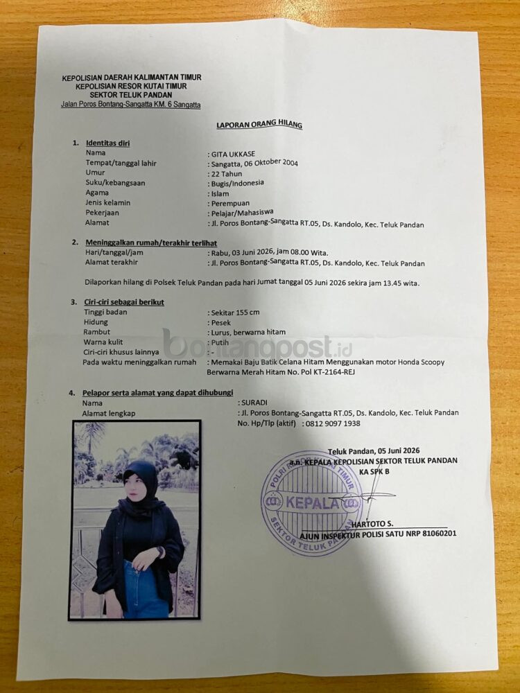 Gita Ukkase (22), warga Desa Kandolo, Kecamatan Teluk Pandan, Kutai Timur, yang dilaporkan hilang sejak Rabu (3/6/2026). Polisi bersama keluarga masih melakukan pencarian dan mengimbau masyarakat melaporkan jika mengetahui keberadaannya.