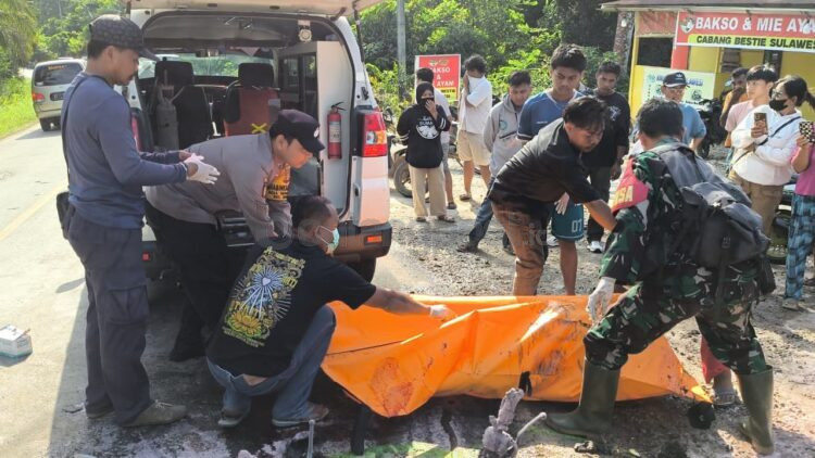 Petugas Polsek Bengalon melakukan olah TKP kecelakaan maut di Simpang Perdau, Desa Sepaso Selatan, Senin (22/6/2026).