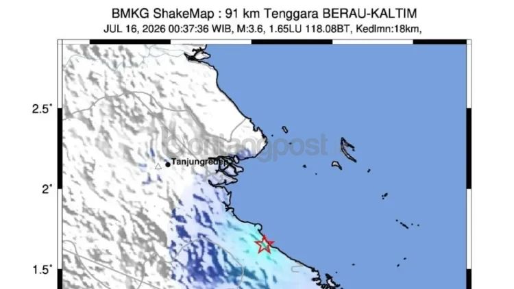 Peta pusat gempa Berau magnitudo 3,4 yang dirilis oleh BMKG pada Kamis (16/7/2026) dini hari.