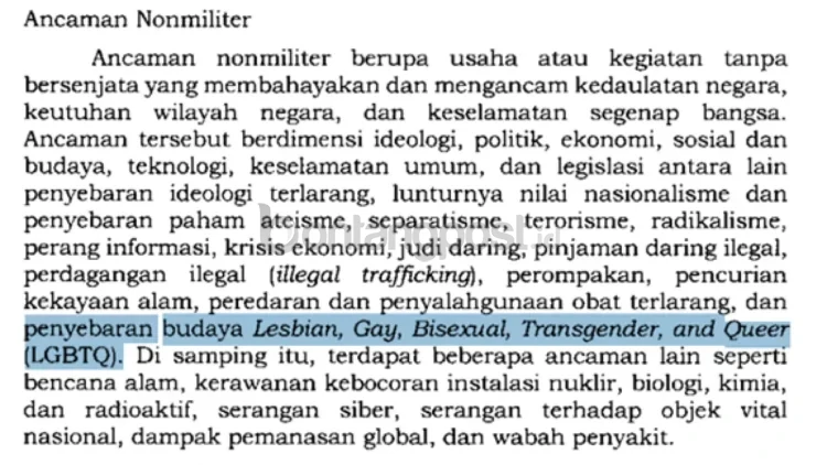 Tangkapan layar Peraturan Presiden (Perpres) Nomor 111 Tahun 2025 tentang Kebijakan Umum Pertahanan Negara Tahun 2025–2029 yang ditetapkan Presiden Prabowo Subianto. Dalam lampiran regulasi ini, pemerintah secara resmi memasukkan penyebaran budaya LGBTQ ke dalam salah satu kategori ancaman nonmiliter terhadap ketahanan nasional.