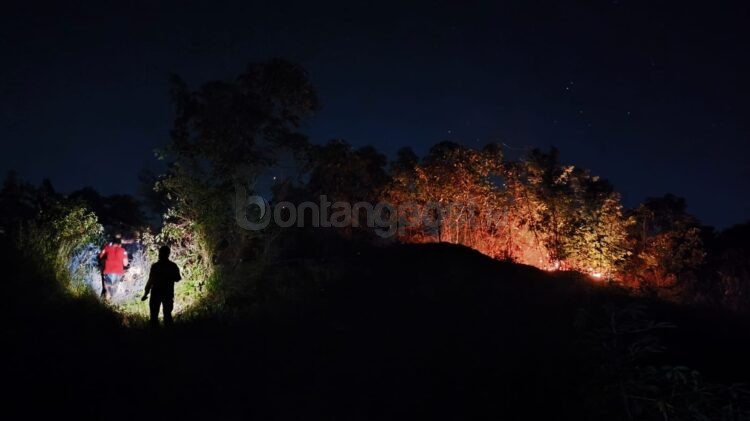 Petugas Disdamkartan Bontang dan warga melakukan pemadaman api di Bukit Kusnodo. (Dwi Kurniawan Nugroho/Bontang Post)