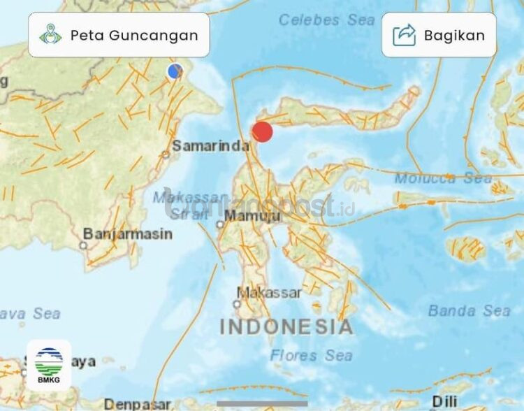 Titik pusat gempa M6,1 di Sulawesi Tengah yang getarannya turut dirasakan hingga Bontang.