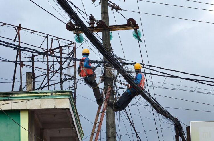 Petugas PLN melakukan penanganan jaringan listrik di salah satu ruas jalan di Bontang setelah terjadi gangguan kelistrikan. (Nasrullah/Bontang Post)
